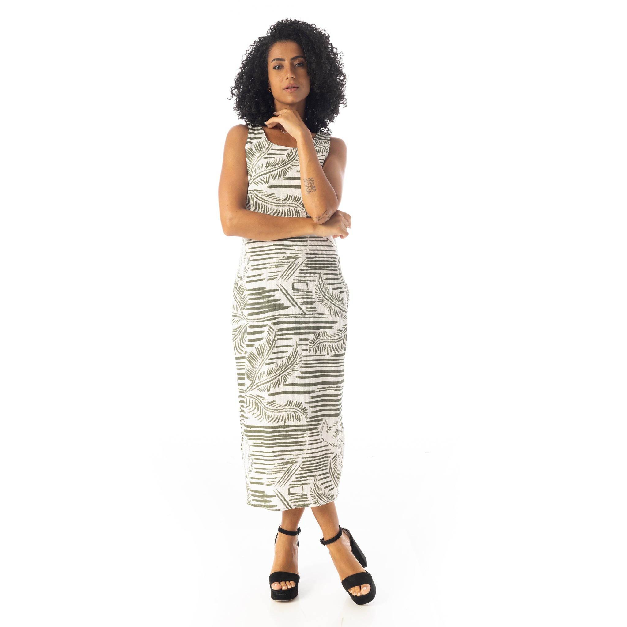 Self_Pattern_Round_Collar_Sleeveless_Dress_-_Olive_&_White