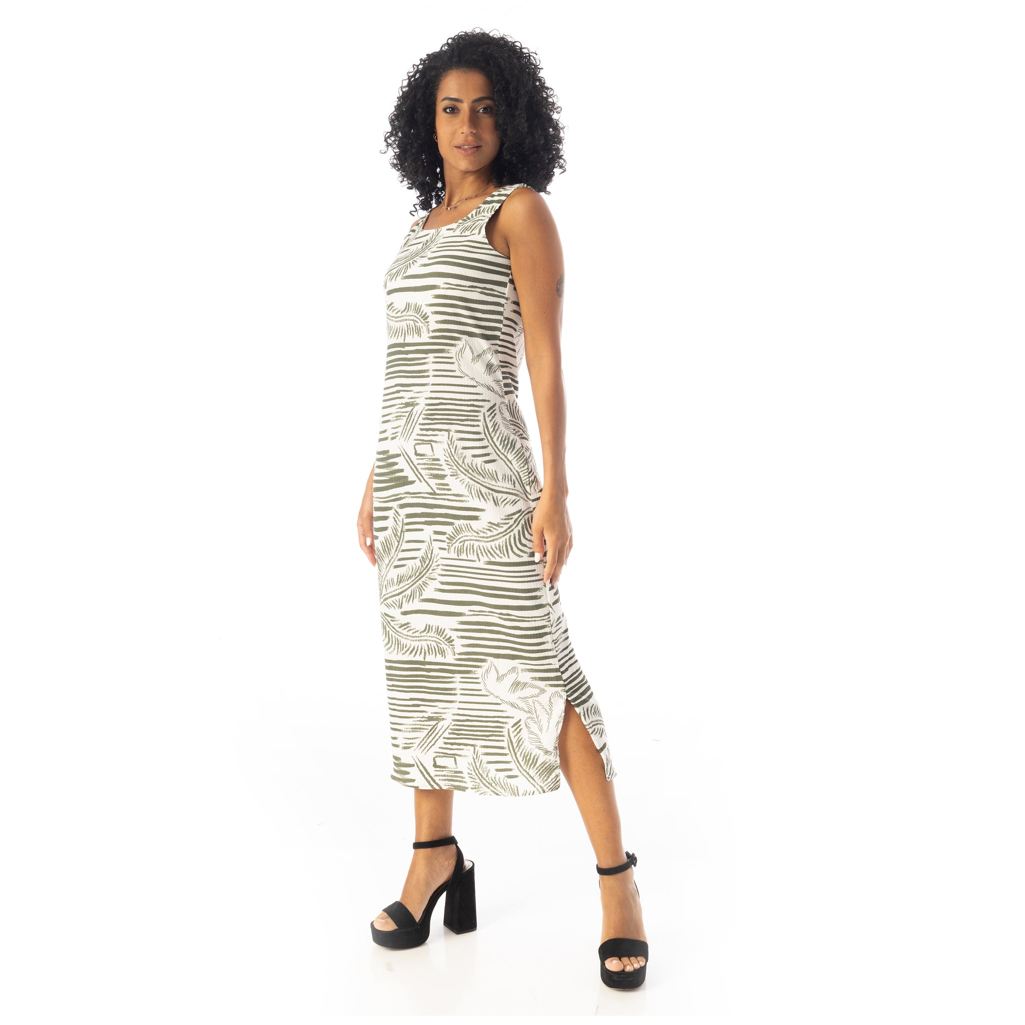 Self_Pattern_Round_Collar_Sleeveless_Dress_-_Olive_&_White