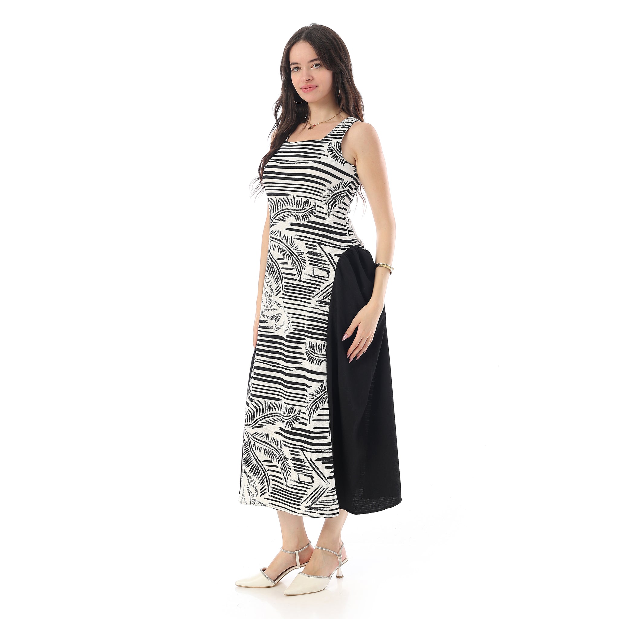 Square Neckline Side Accent Sleeveless Dress - White & Black