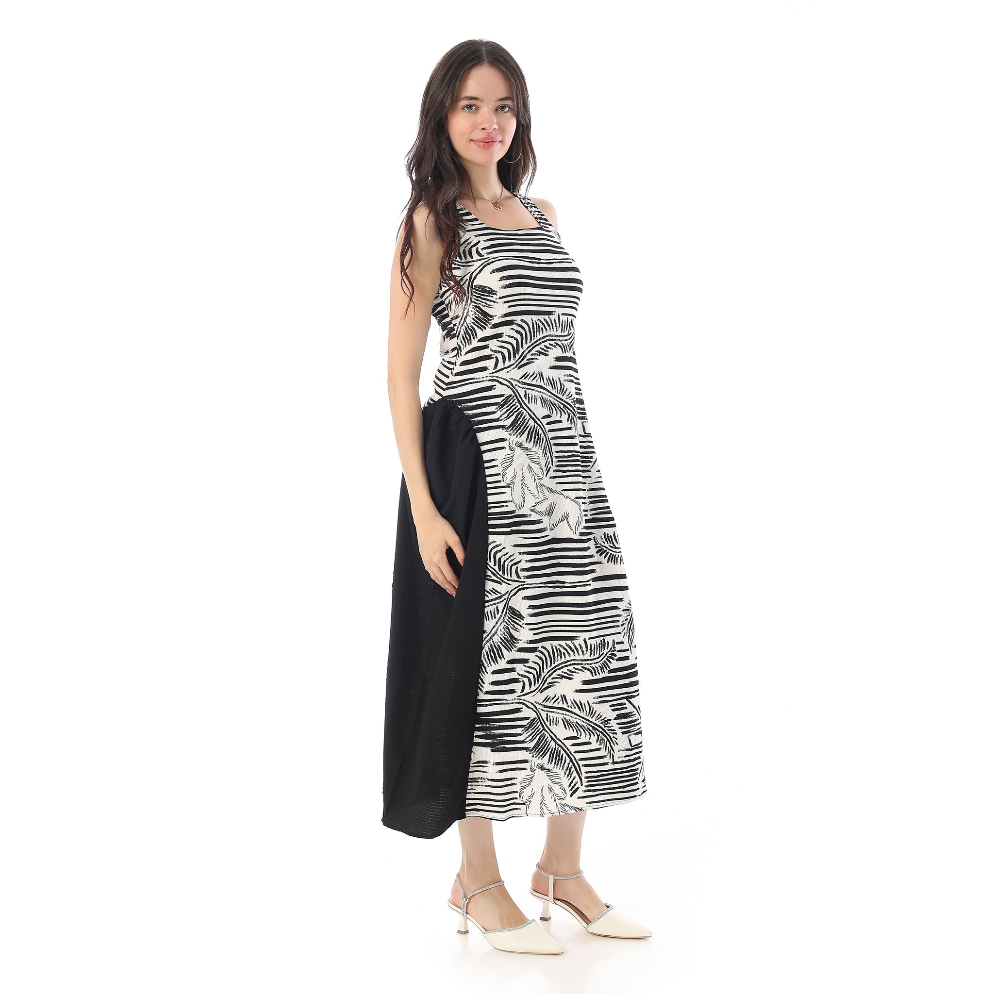 Square Neckline Side Accent Sleeveless Dress - White & Black