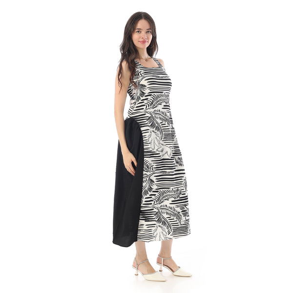 Square Neckline Side Accent Sleeveless Dress - White & Black
