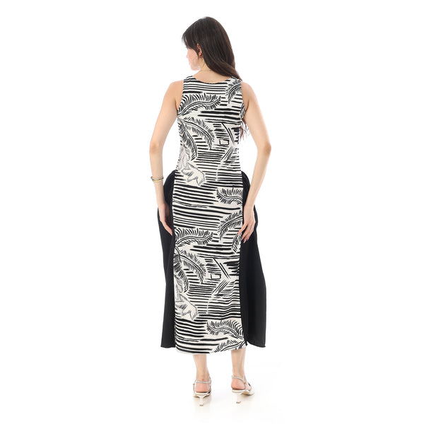 Square Neckline Side Accent Sleeveless Dress - White & Black