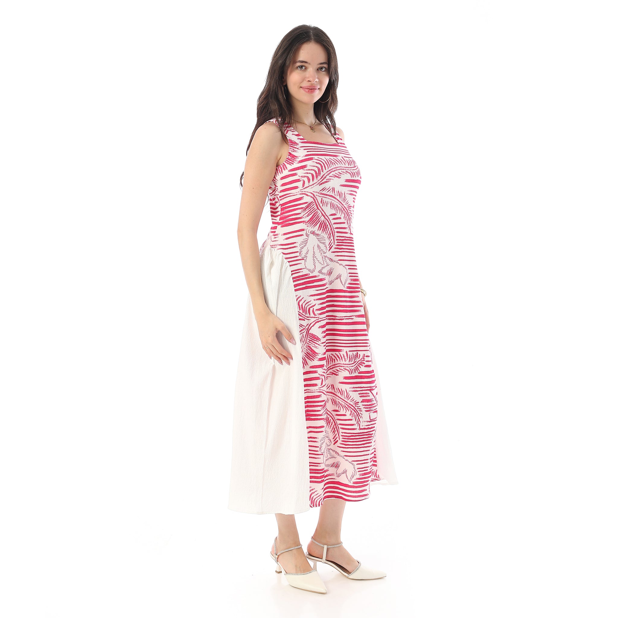 Square Neckline Side Accent Sleeveless Dress - White & Fuchsia