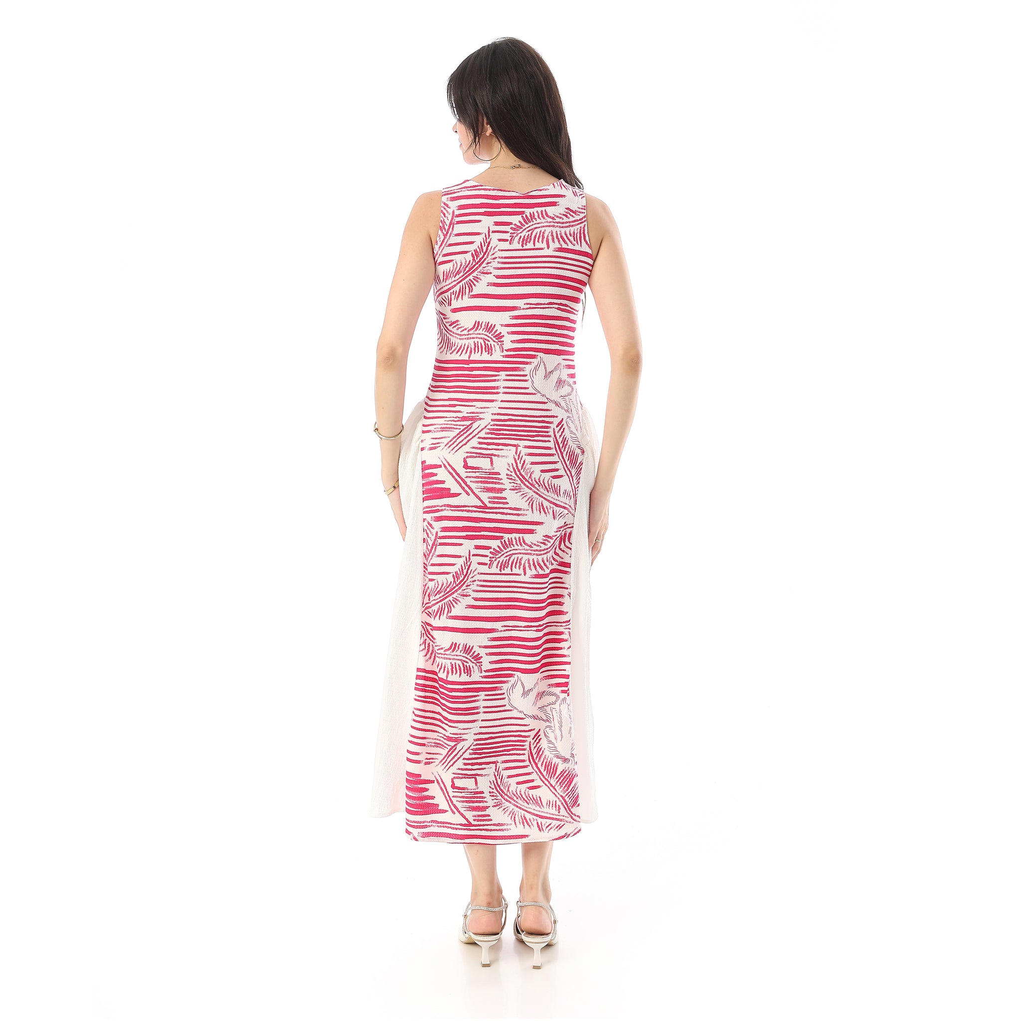 Square Neckline Side Accent Sleeveless Dress - White & Fuchsia