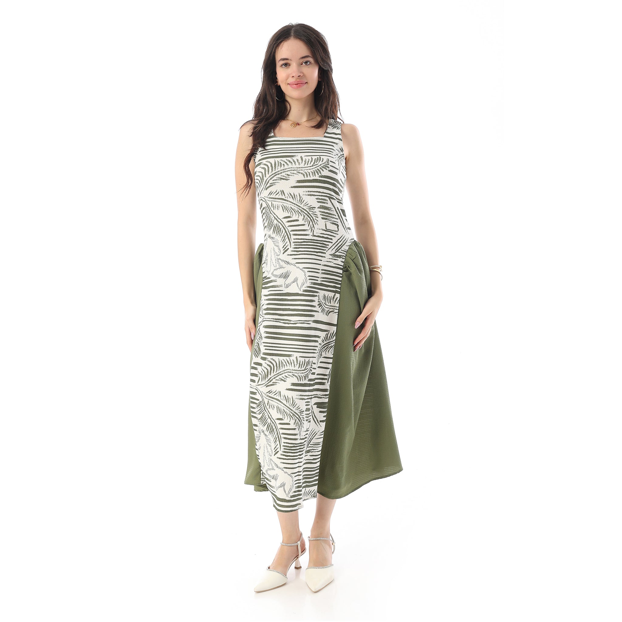 Square Neckline Side Accent Sleeveless Dress - White & Olive