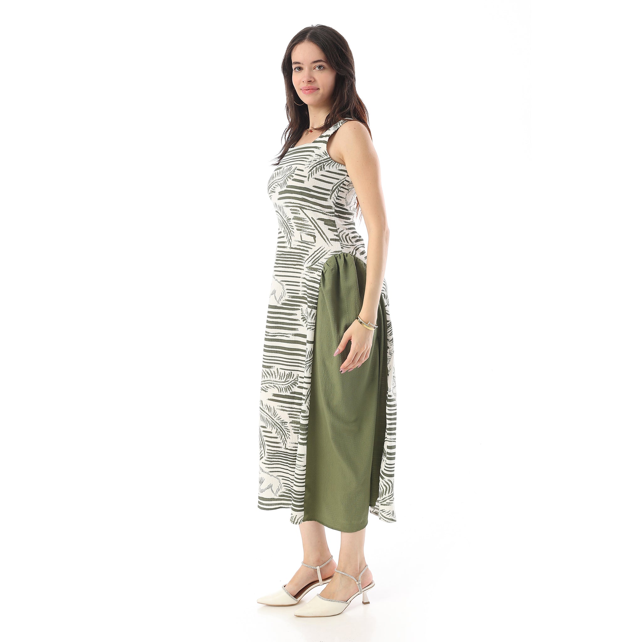 Square Neckline Side Accent Sleeveless Dress - White & Olive