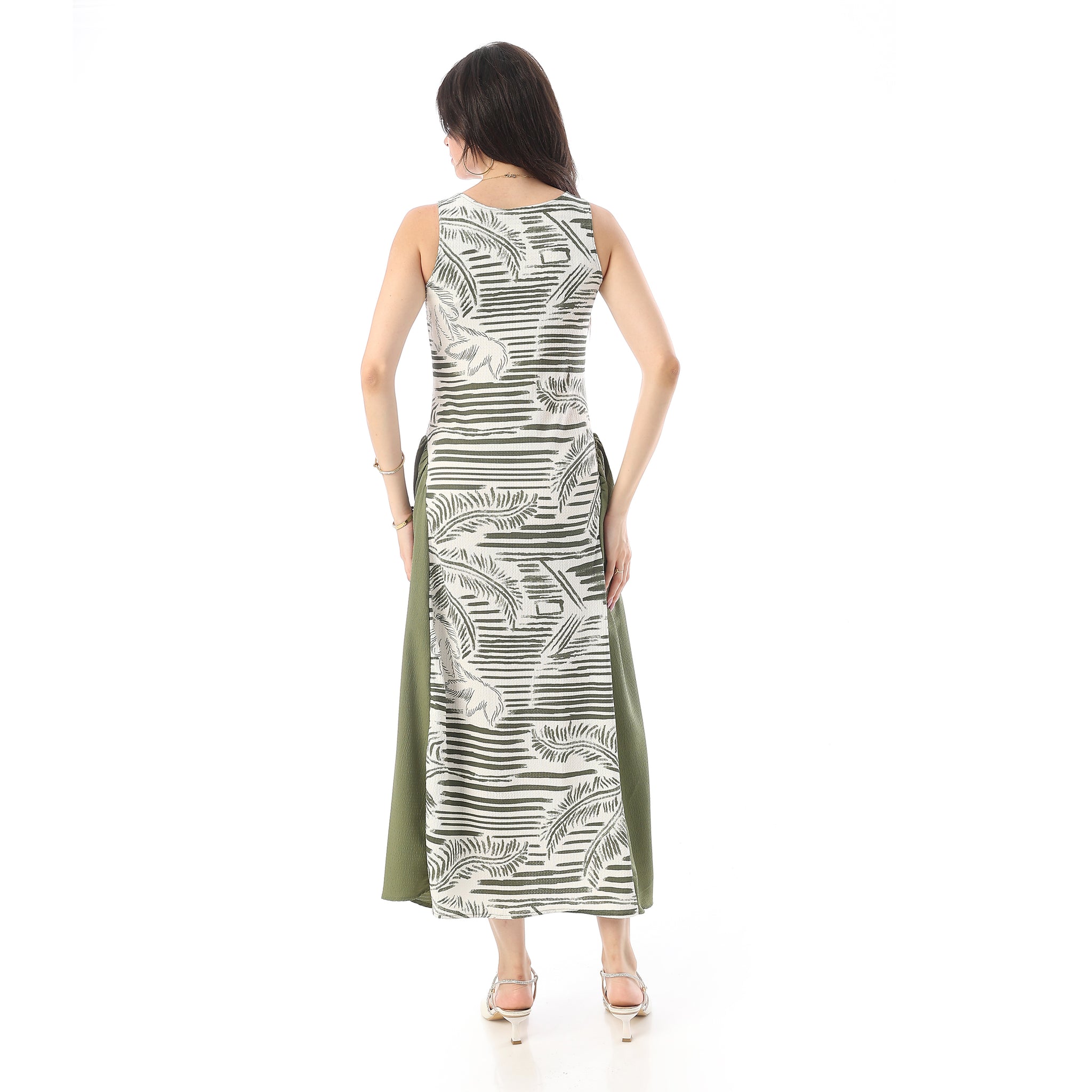 Square Neckline Side Accent Sleeveless Dress - White & Olive