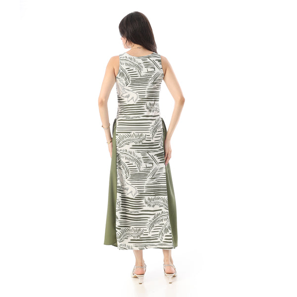 Square Neckline Side Accent Sleeveless Dress - White & Olive
