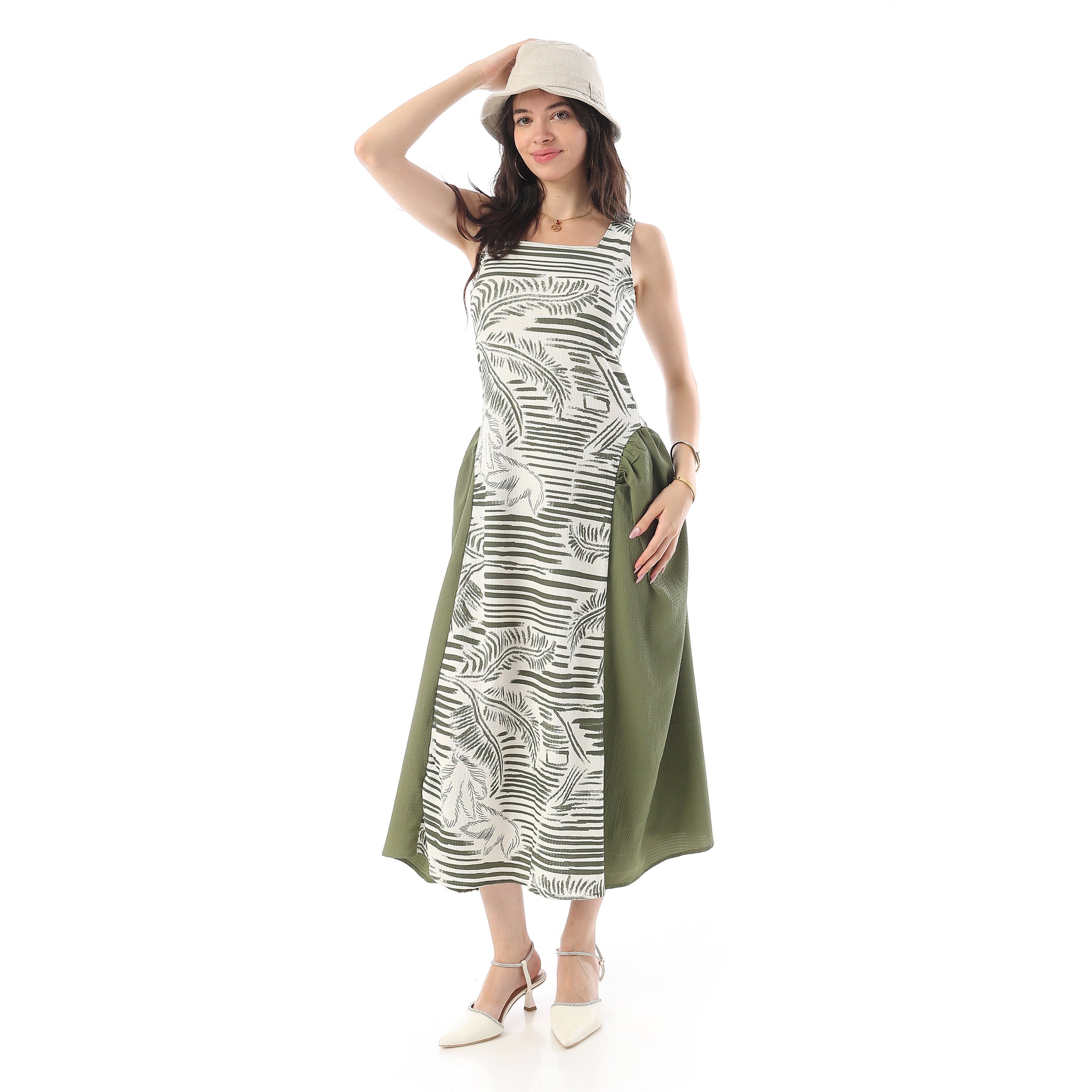 Square Neckline Side Accent Sleeveless Dress - White & Olive