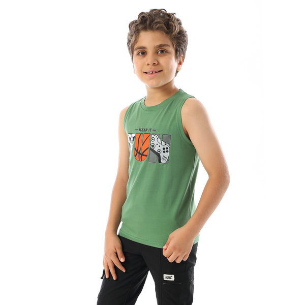 Sleeveless Printed Boys Tank Top - Light Olive