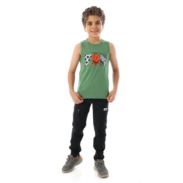 Sleeveless Printed Boys Tank Top - Light Olive