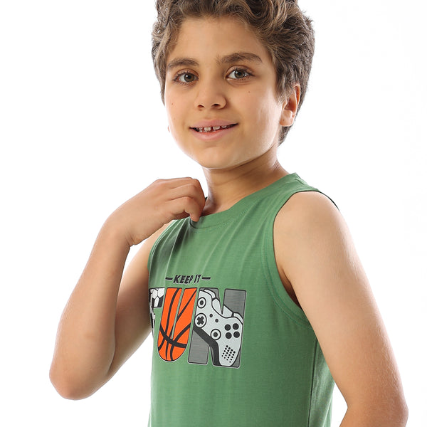 Sleeveless Printed Boys Tank Top - Light Olive