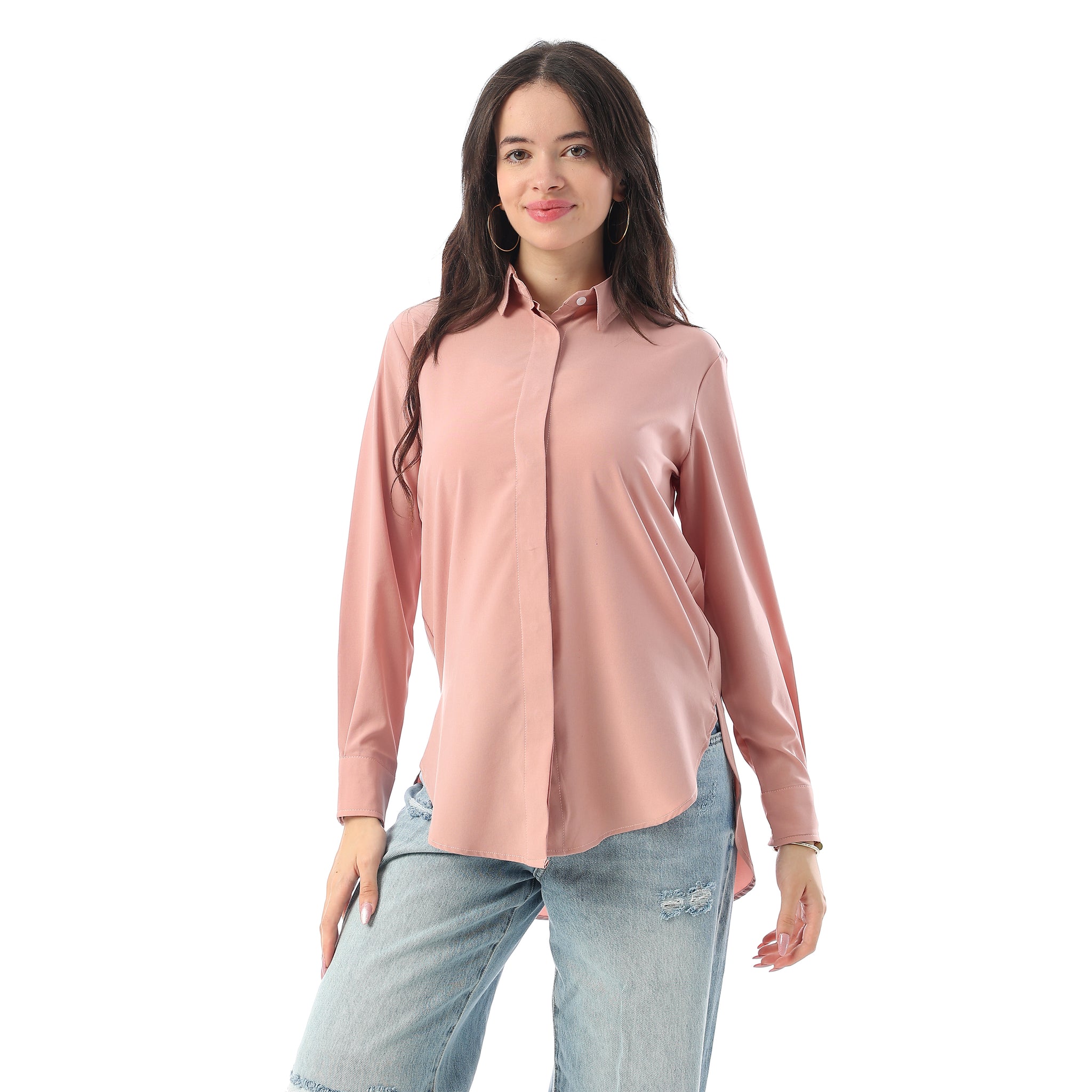 Turn Down Collar Hidden Placket Shirt - Dark Rose