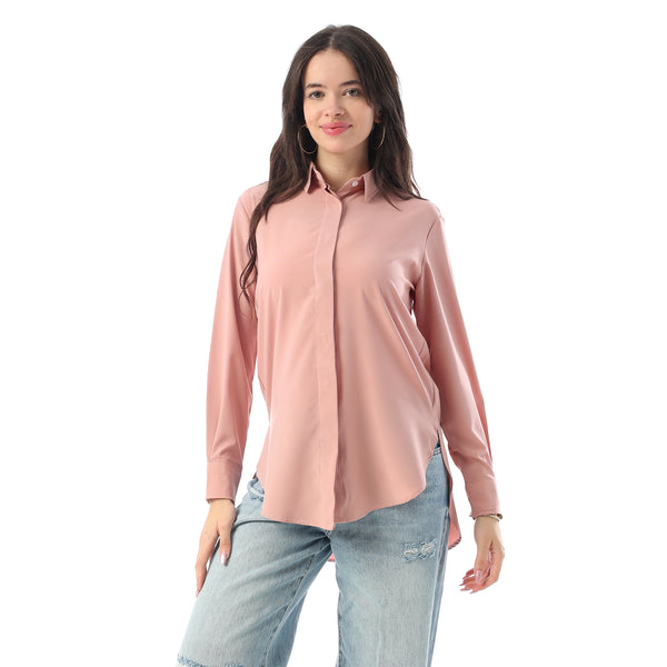 Turn Down Collar Hidden Placket Shirt - Dark Rose