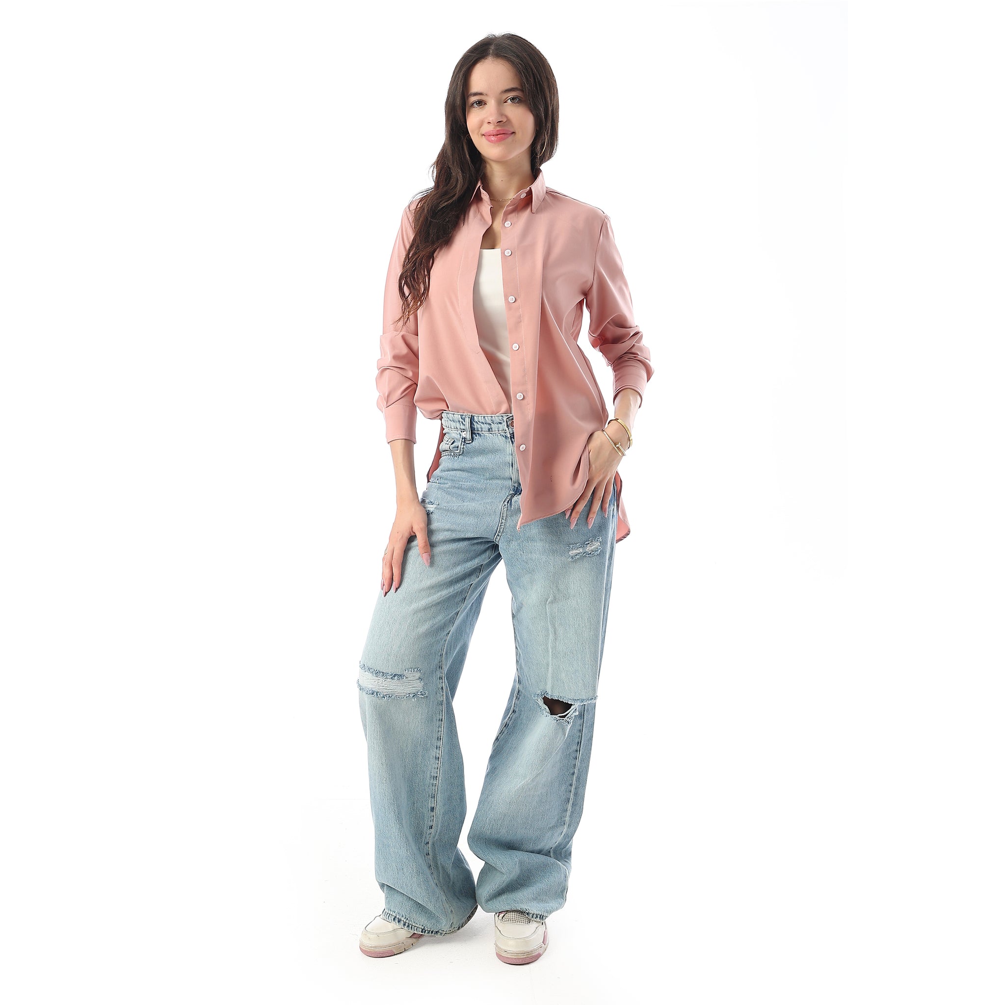 Turn Down Collar Hidden Placket Shirt - Dark Rose