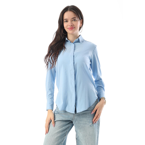 Turn Down Collar Hidden Placket Shirt - Light Blue