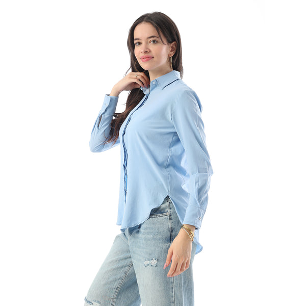Turn Down Collar Hidden Placket Shirt - Light Blue