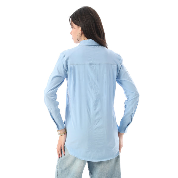 Turn Down Collar Hidden Placket Shirt - Light Blue