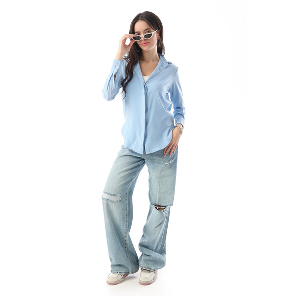Turn Down Collar Hidden Placket Shirt - Light Blue