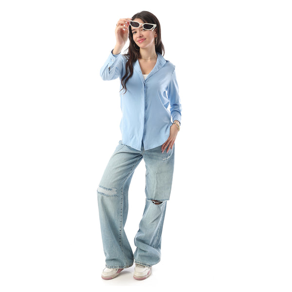Turn Down Collar Hidden Placket Shirt - Light Blue