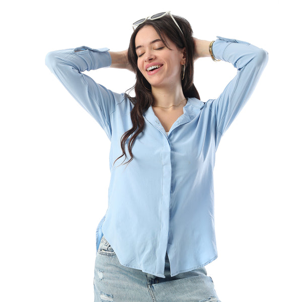 Turn Down Collar Hidden Placket Shirt - Light Blue