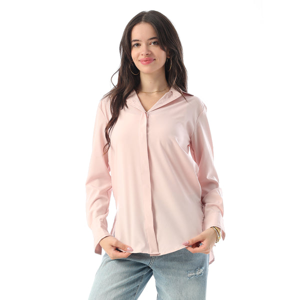 Turn Down Collar Hidden Placket Shirt - Light Rose