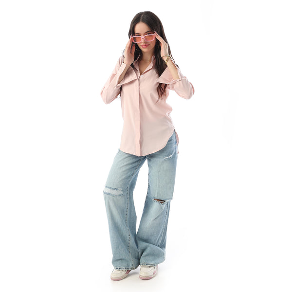 Turn Down Collar Hidden Placket Shirt - Light Rose