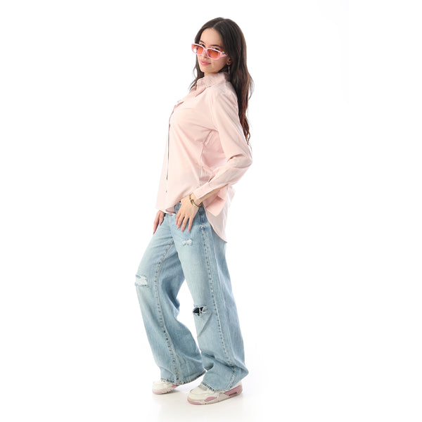 Turn Down Collar Hidden Placket Shirt - Light Rose