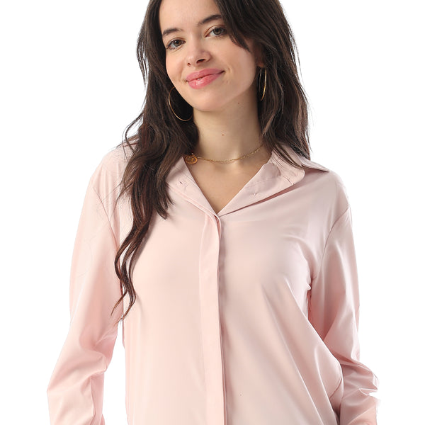 Turn Down Collar Hidden Placket Shirt - Light Rose