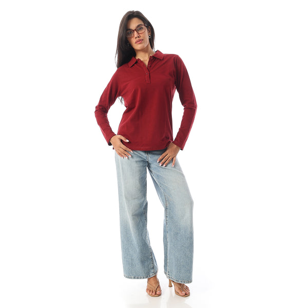 Long_Sleeves_Slip_On_Polo_Shirt_-_Dark_Red