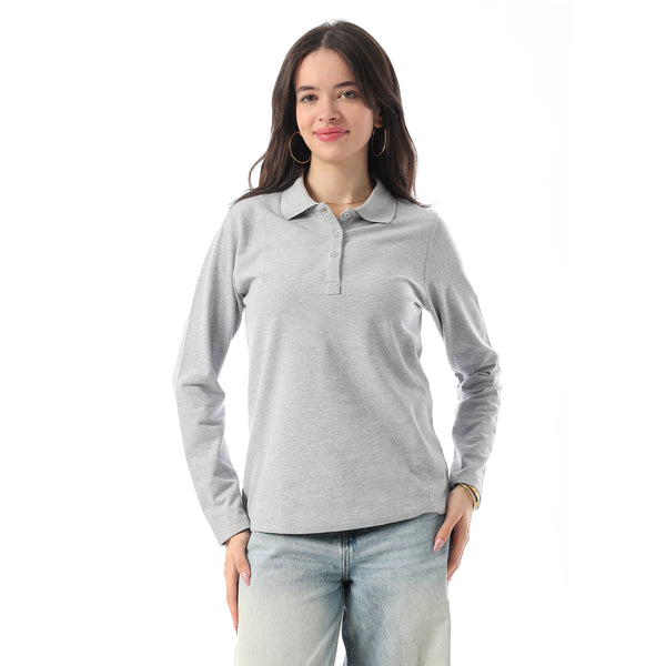 Turn Down Collar Long Sleeaves Pique Polo Shirt - Silver