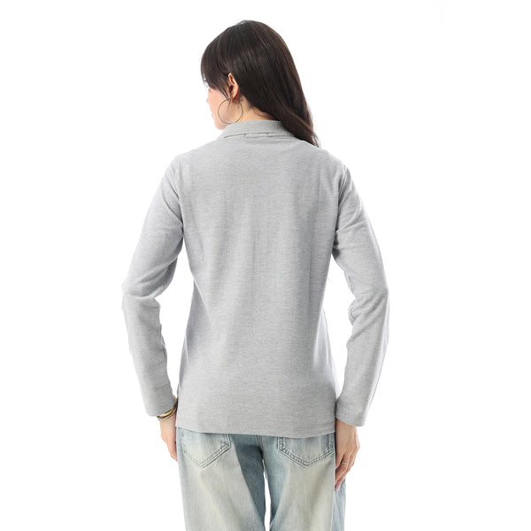 Turn Down Collar Long Sleeaves Pique Polo Shirt - Silver