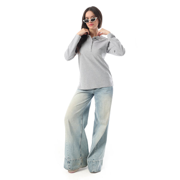 Turn Down Collar Long Sleeaves Pique Polo Shirt - Silver