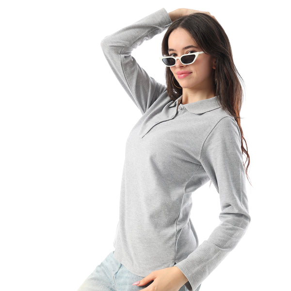 Turn Down Collar Long Sleeaves Pique Polo Shirt - Silver