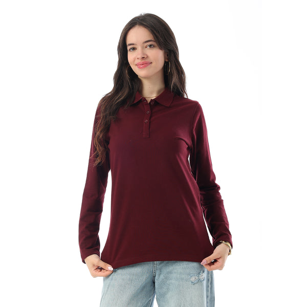 Turn Down Collar Long Sleeaves Pique Polo Shirt - Maroon