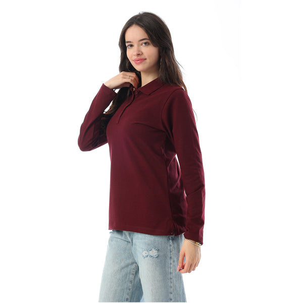 Turn Down Collar Long Sleeaves Pique Polo Shirt - Maroon