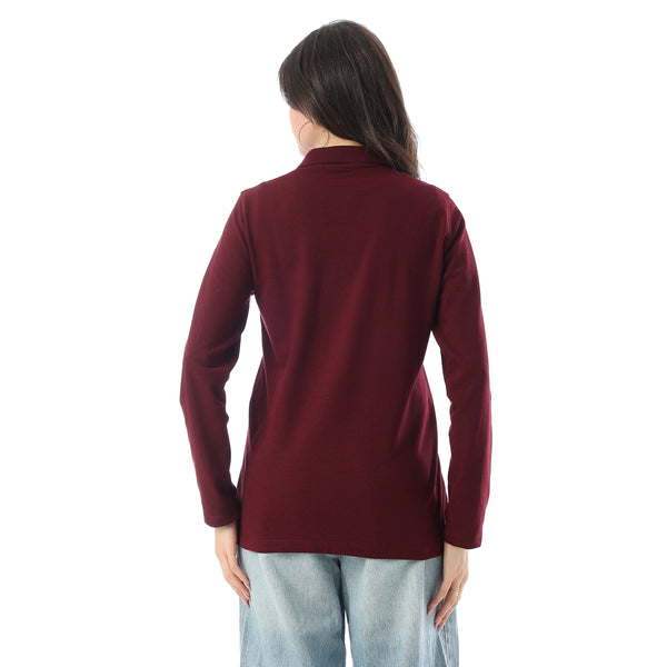 Turn Down Collar Long Sleeaves Pique Polo Shirt - Maroon