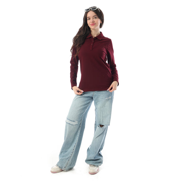 Turn Down Collar Long Sleeaves Pique Polo Shirt - Maroon
