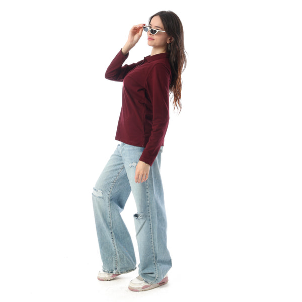Turn Down Collar Long Sleeaves Pique Polo Shirt - Maroon