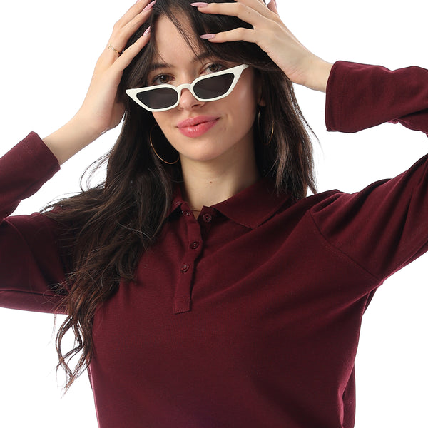 Turn Down Collar Long Sleeaves Pique Polo Shirt - Maroon
