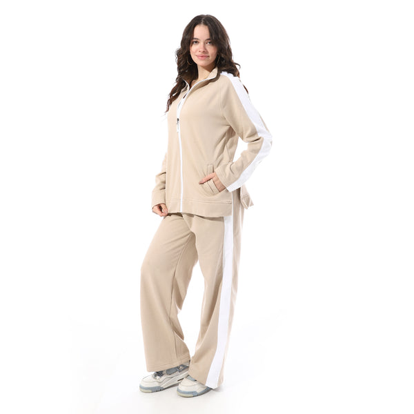 High_Neck_Zipper_Plain_Comfy_Tracksuit_-_Beige