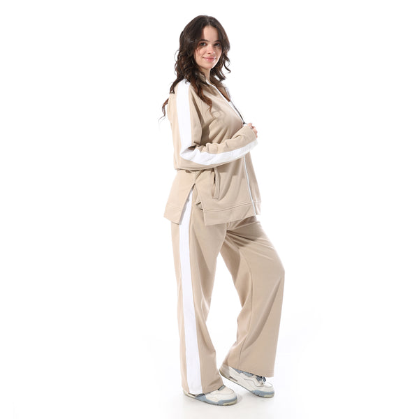 High_Neck_Zipper_Plain_Comfy_Tracksuit_-_Beige