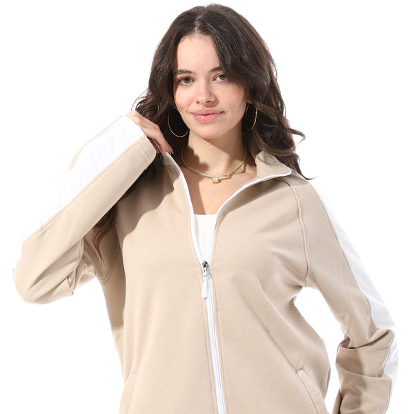 High_Neck_Zipper_Plain_Comfy_Tracksuit_-_Beige