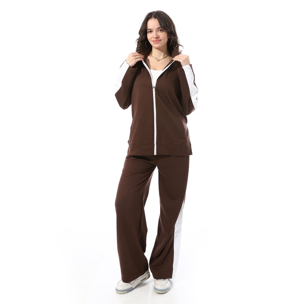 High_Neck_Zipper_Plain_Comfy_Tracksuit_-_Brown