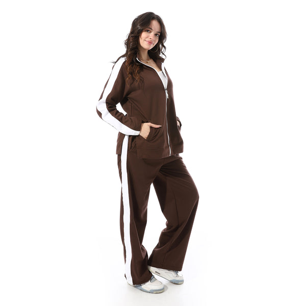 High_Neck_Zipper_Plain_Comfy_Tracksuit_-_Brown