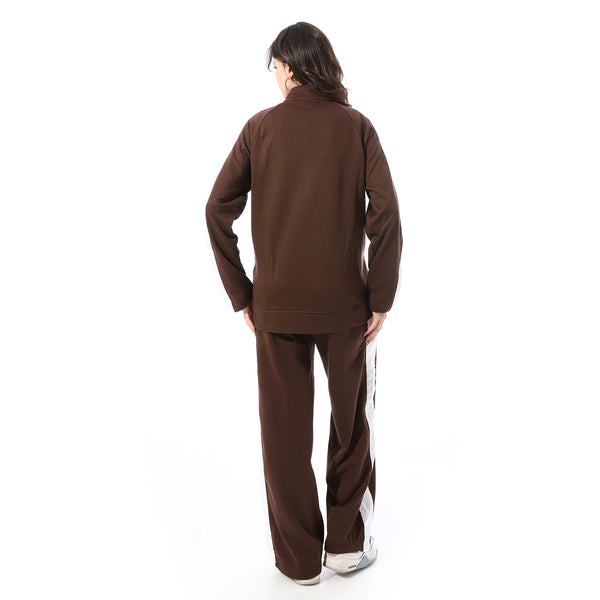 High_Neck_Zipper_Plain_Comfy_Tracksuit_-_Brown