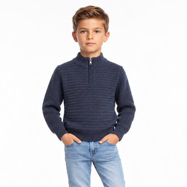 Self_Striped_Half_Zipper_Boys_Pullover_-_Navy_Blue