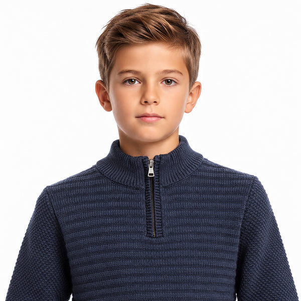 Self_Striped_Half_Zipper_Boys_Pullover_-_Navy_Blue