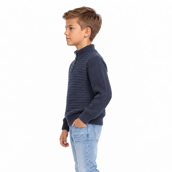 Self_Striped_Half_Zipper_Boys_Pullover_-_Navy_Blue