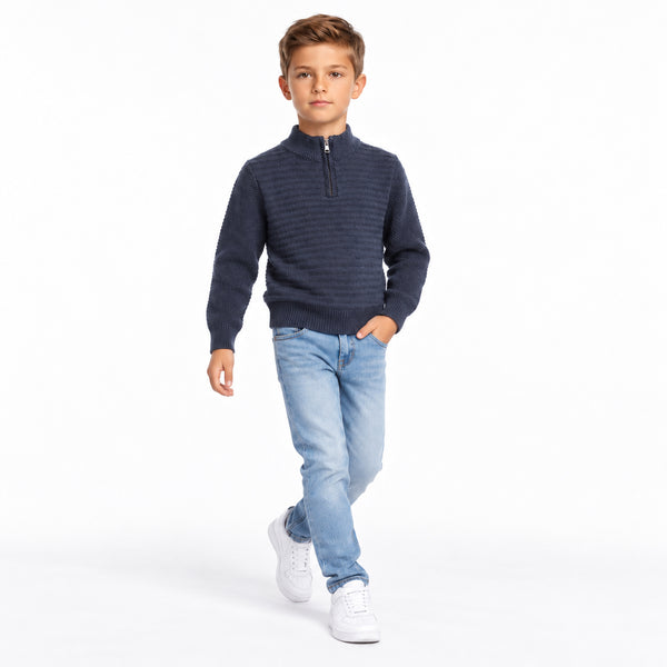Self_Striped_Half_Zipper_Boys_Pullover_-_Navy_Blue